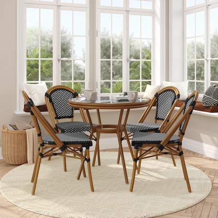Flash Furniture Bordeaux French Bistro 31.5in. Table, Black and White PE Rattan, Glass Top w/4 Stack Chairs SDA-AD641012-80-4001-BKWH-NAT-GG